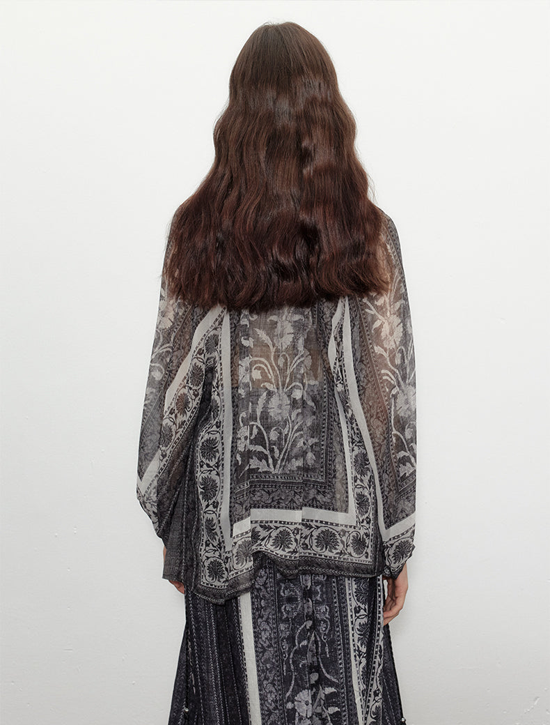 Black Plant Print Tassel Silk V-Neck Top