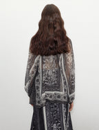 Black Plant Print Tassel Silk V-Neck Top