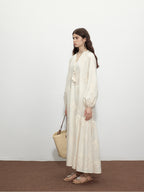 Beige Tassel Sequin Embroidered Cotton Dress