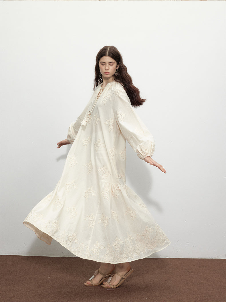 Beige Tassel Sequin Embroidered Cotton Dress