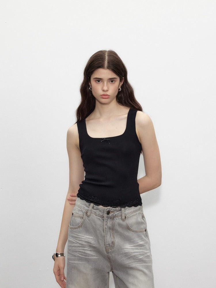 Black Bowknot Lace Cotton Vest