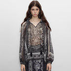 Black Plant Print Tassel Silk V-Neck Top