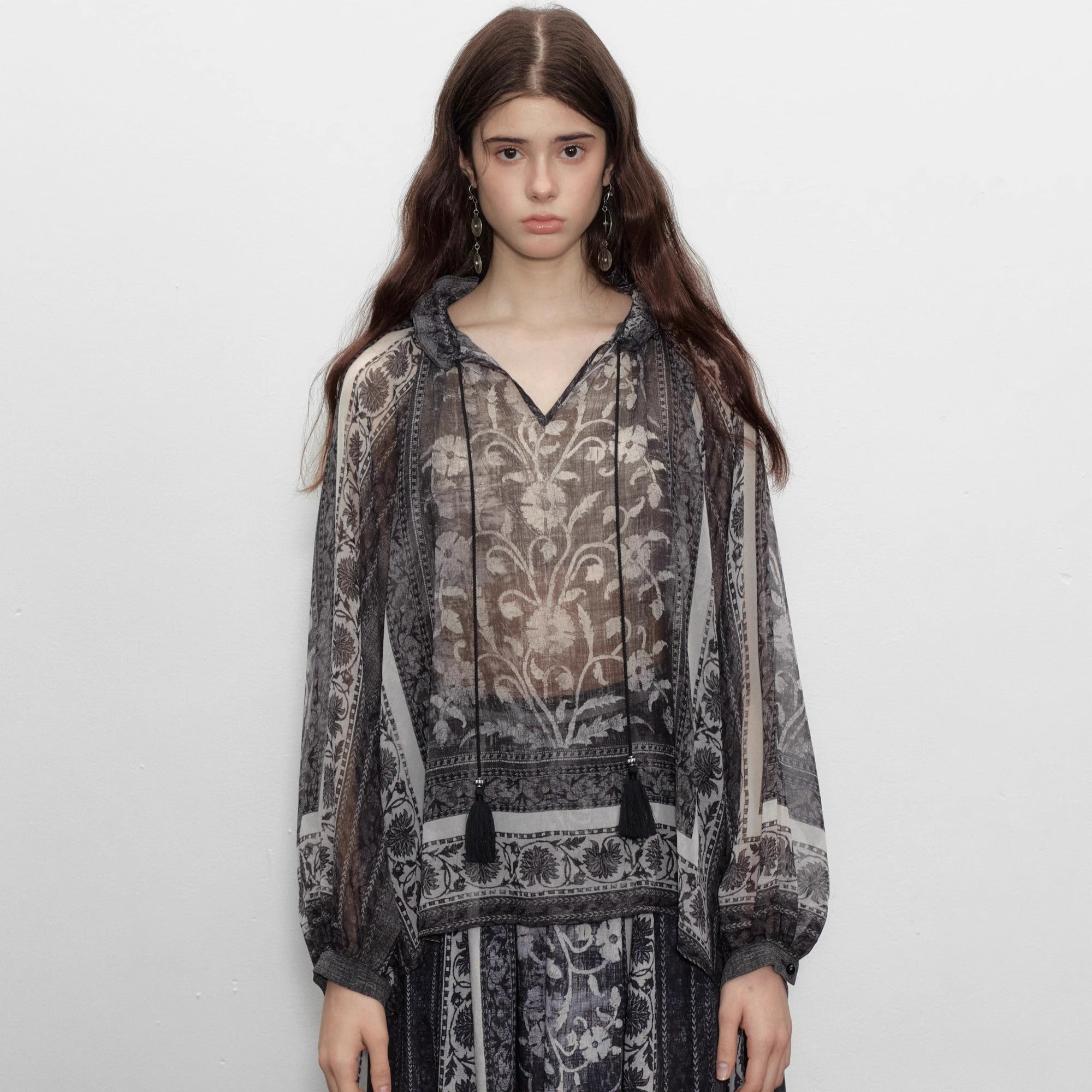 Black Plant Print Tassel Silk V-Neck Top