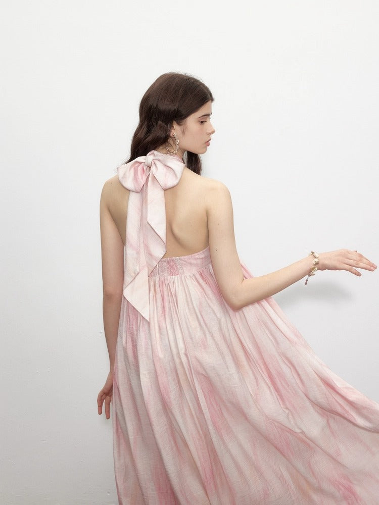 Pink Strapless Halter Neck A-Line Dress