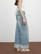 Lace Hem Retro High Waist Wide Leg Jeans
