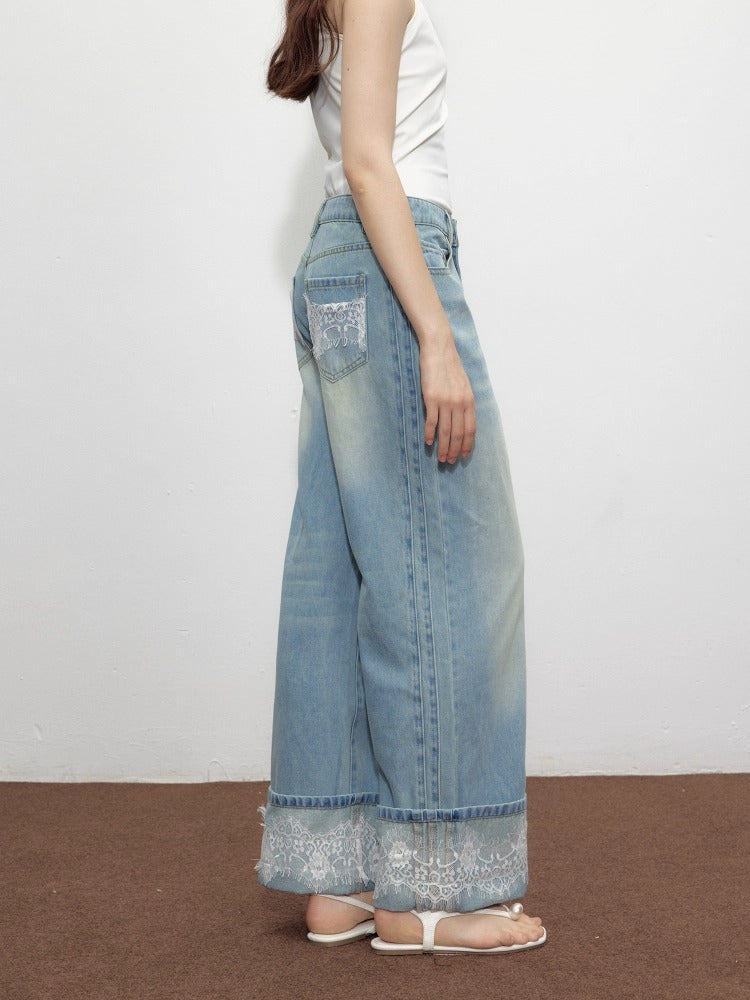 Lace Hem Retro High Waist Wide Leg Jeans