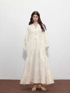 Beige Tassel Sequin Embroidered Cotton Dress