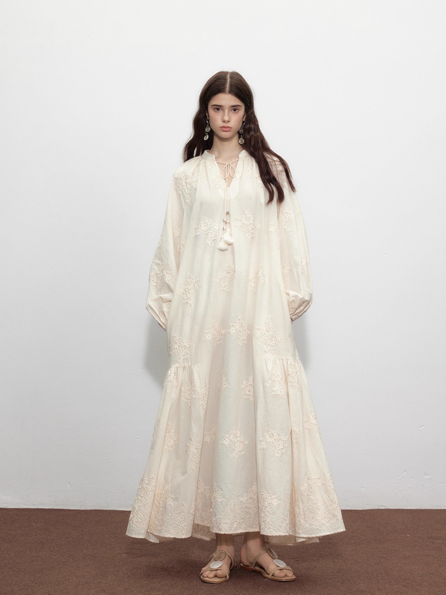 Beige Tassel Sequin Embroidered Cotton Dress