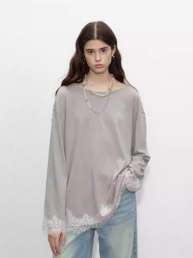 Lace-Paneled Halter-Back Long-Sleeved T-Shirt