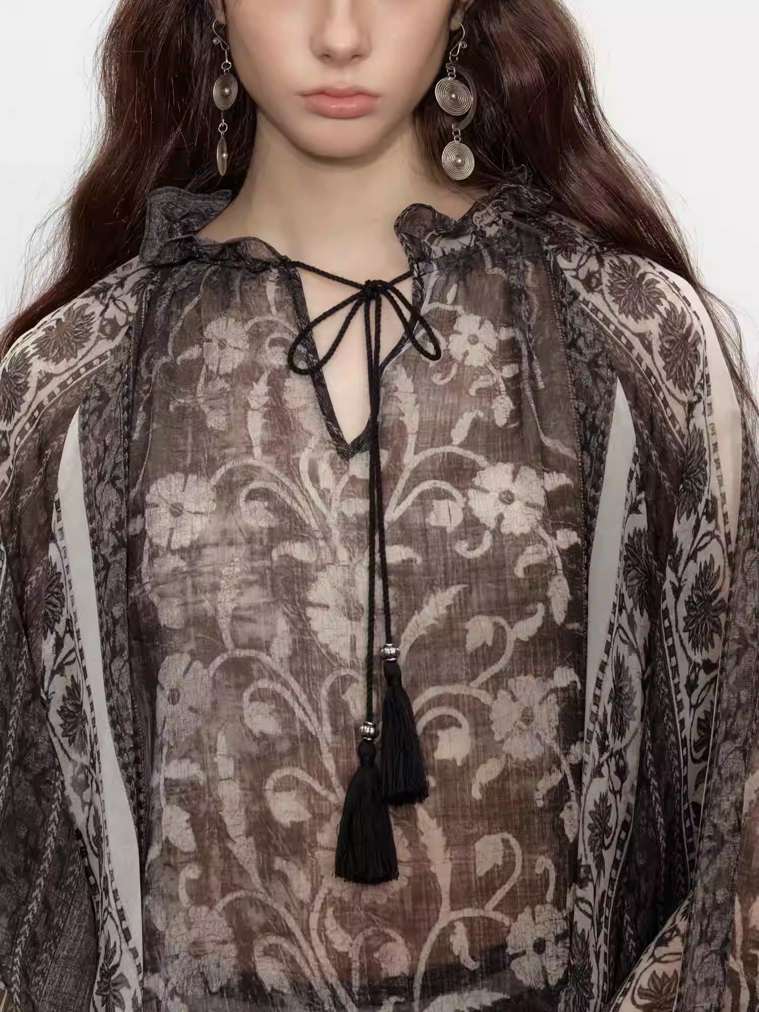 Black Plant Print Tassel Silk V-Neck Top