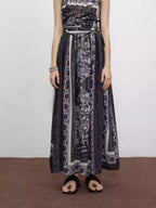 Black Plant Print Linen Skirt