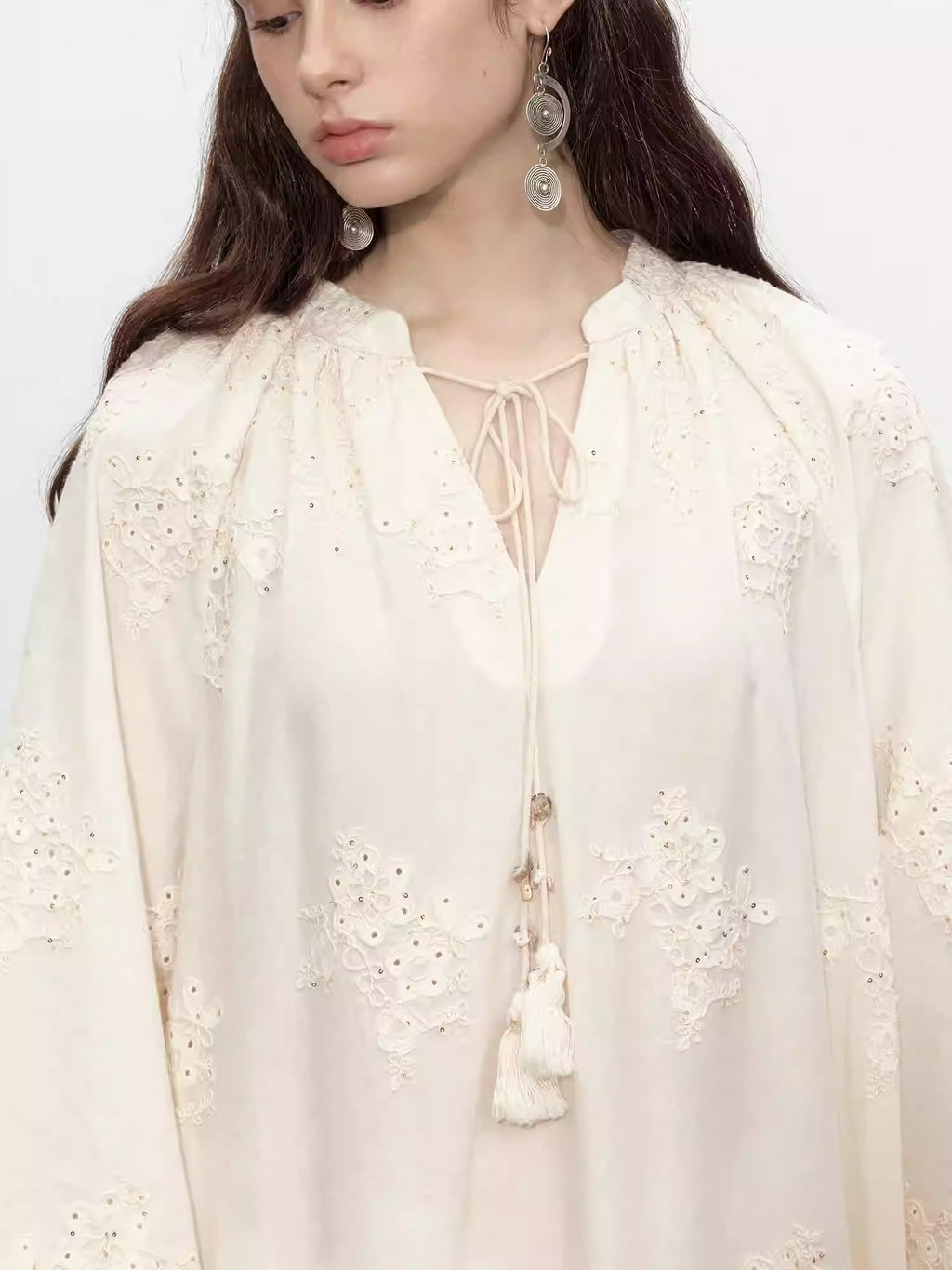 Beige Tassel Sequin Embroidered Cotton Dress