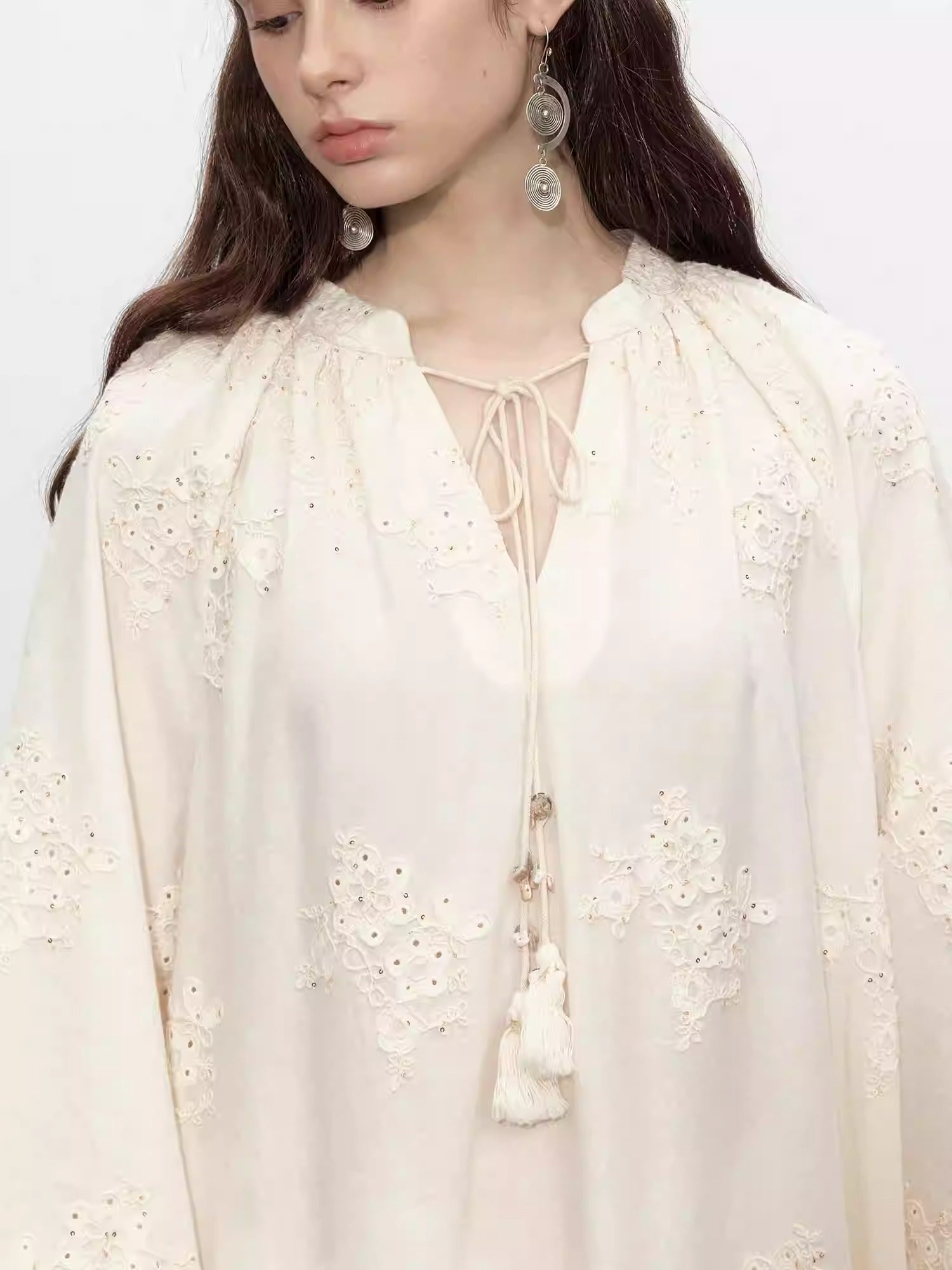 Beige Tassel Sequin Embroidered Cotton Dress
