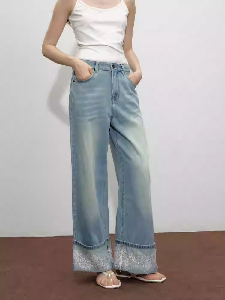 Lace Hem Retro High Waist Wide Leg Jeans