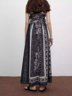 Black Plant Print Linen Skirt