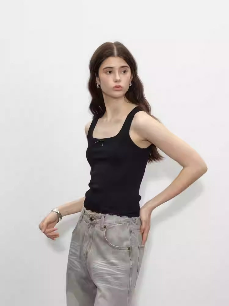 Black Bowknot Lace Cotton Vest