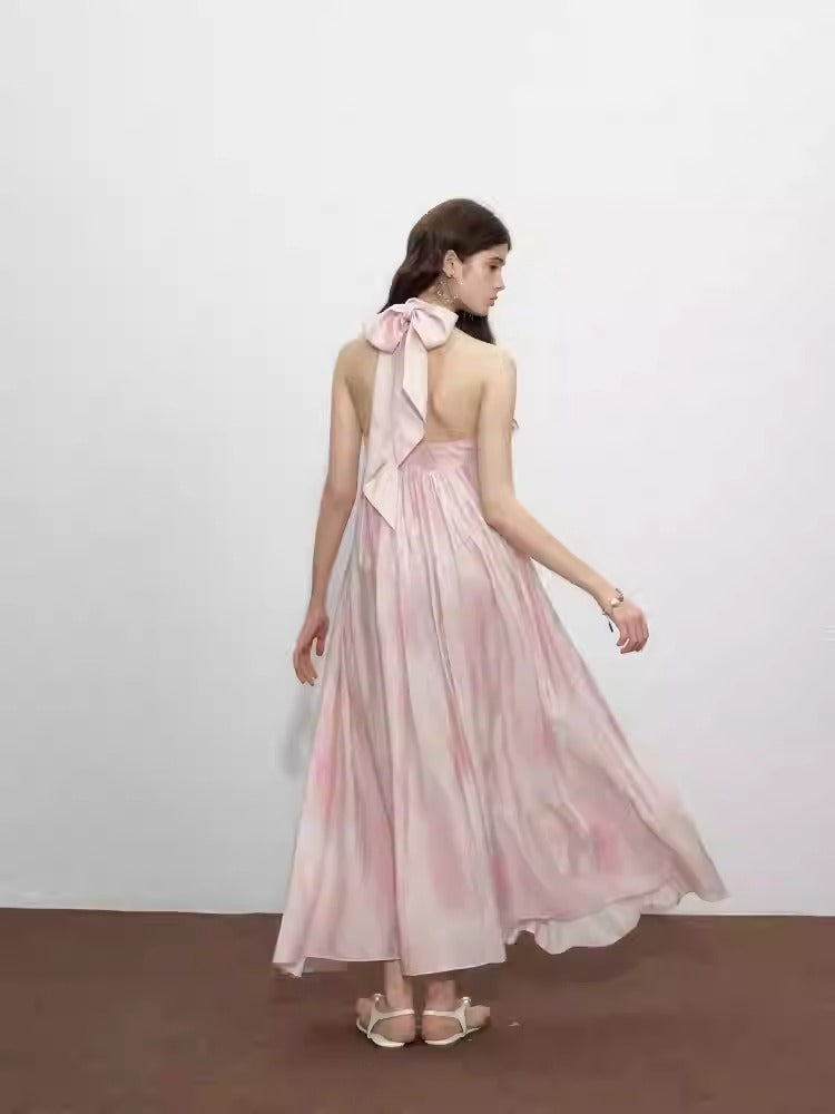 Pink Strapless Halter Neck A-Line Dress