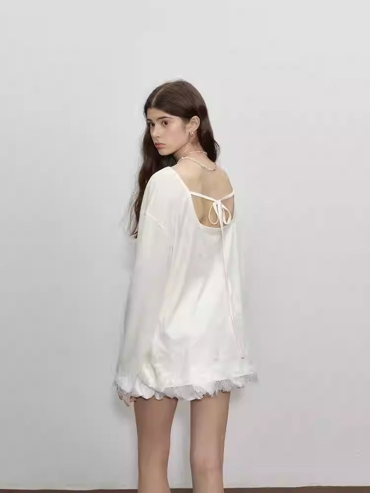 Lace-Paneled Halter-Back Long-Sleeved T-Shirt