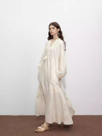 Beige Tassel Sequin Embroidered Cotton Dress