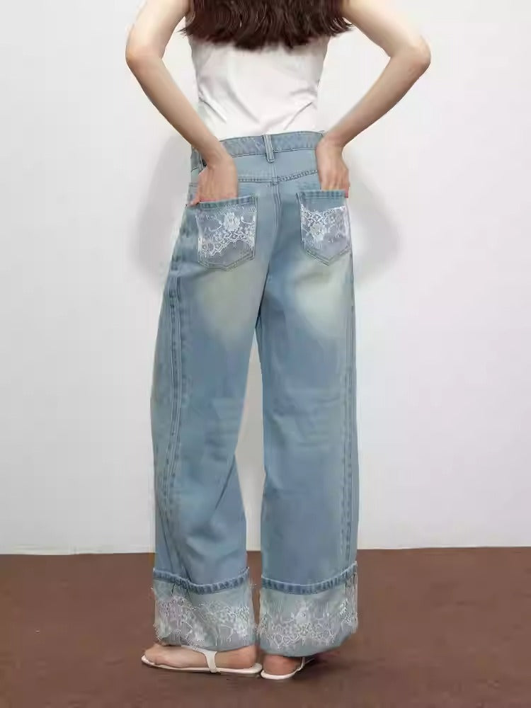 Lace Hem Retro High Waist Wide Leg Jeans