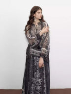 Black Plant Print Tassel Silk V-Neck Top