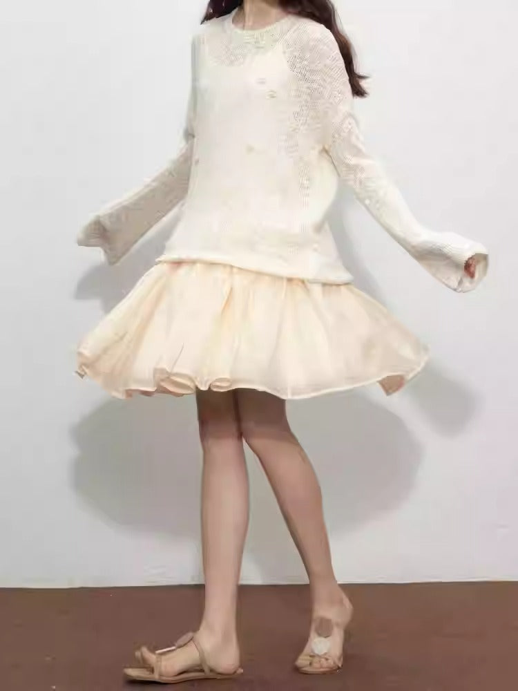 Pleated three-layer high waist skirt
