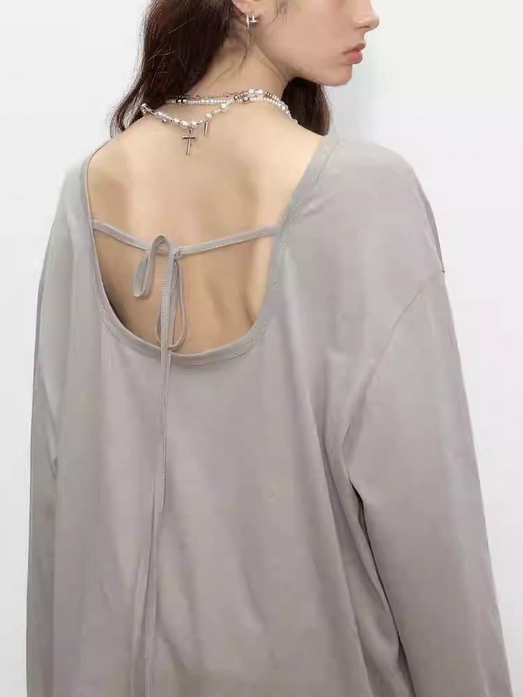 Lace-Paneled Halter-Back Long-Sleeved T-Shirt
