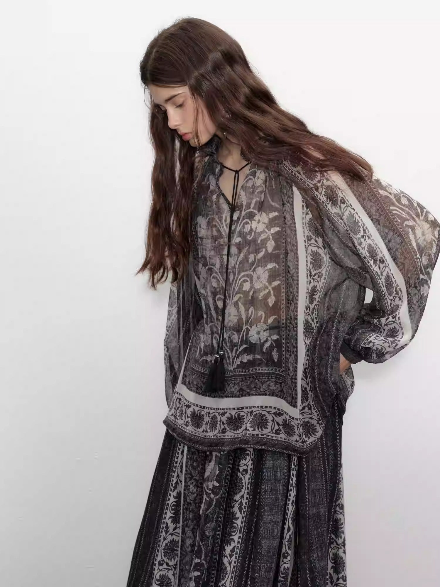 Black Plant Print Tassel Silk V-Neck Top