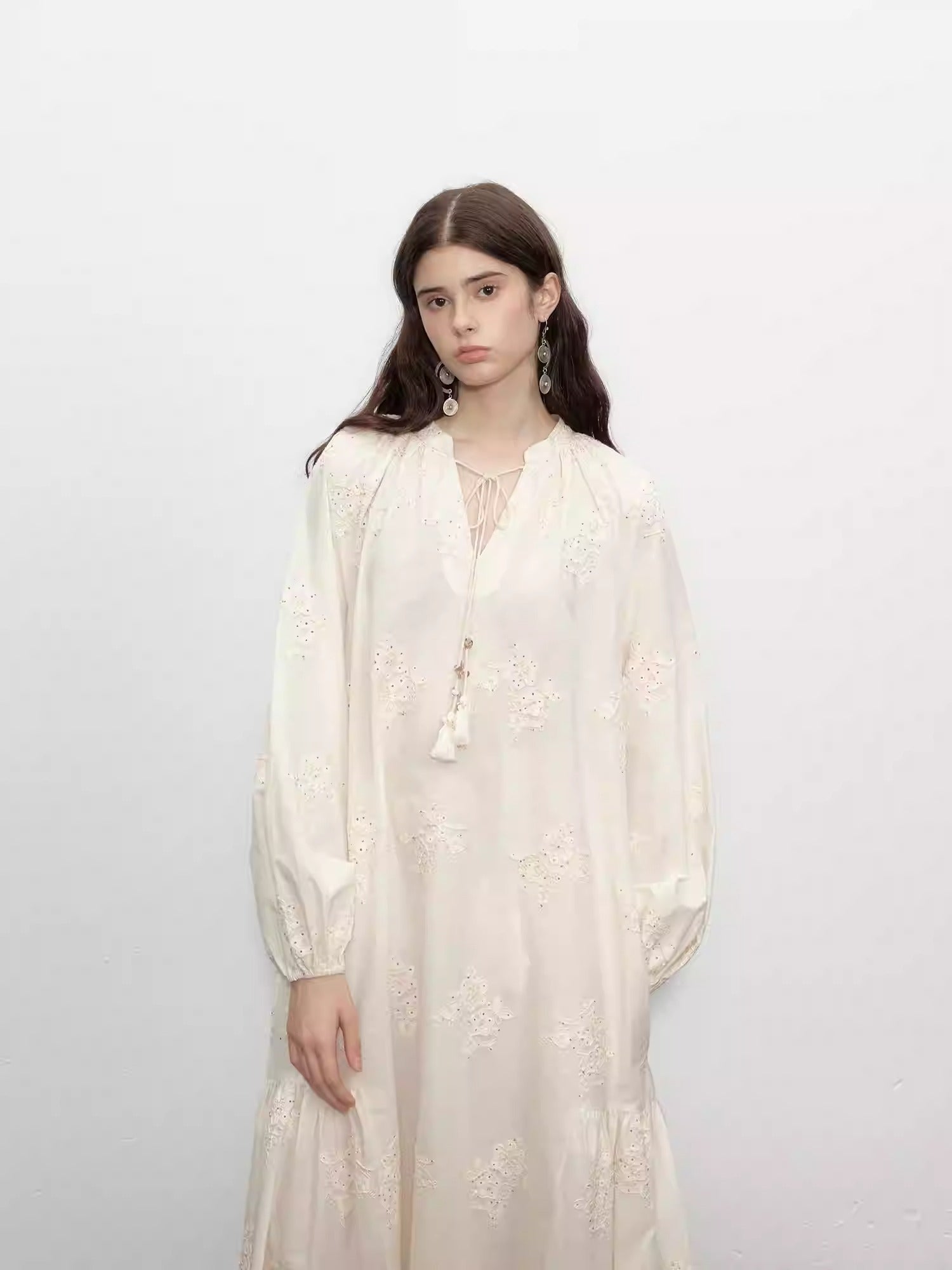 Beige Tassel Sequin Embroidered Cotton Dress