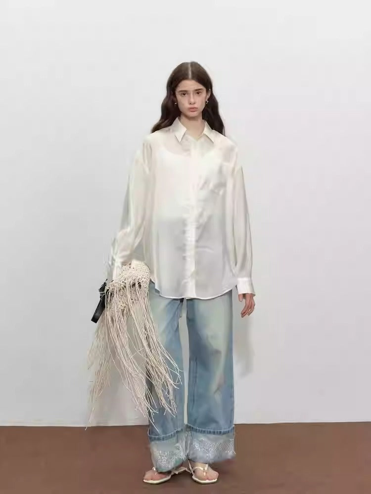 Lace Hem Retro High Waist Wide Leg Jeans