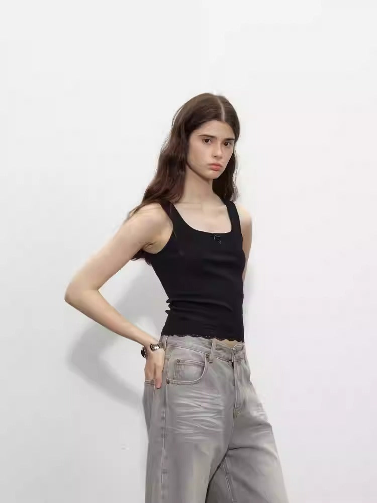 Black Bowknot Lace Cotton Vest