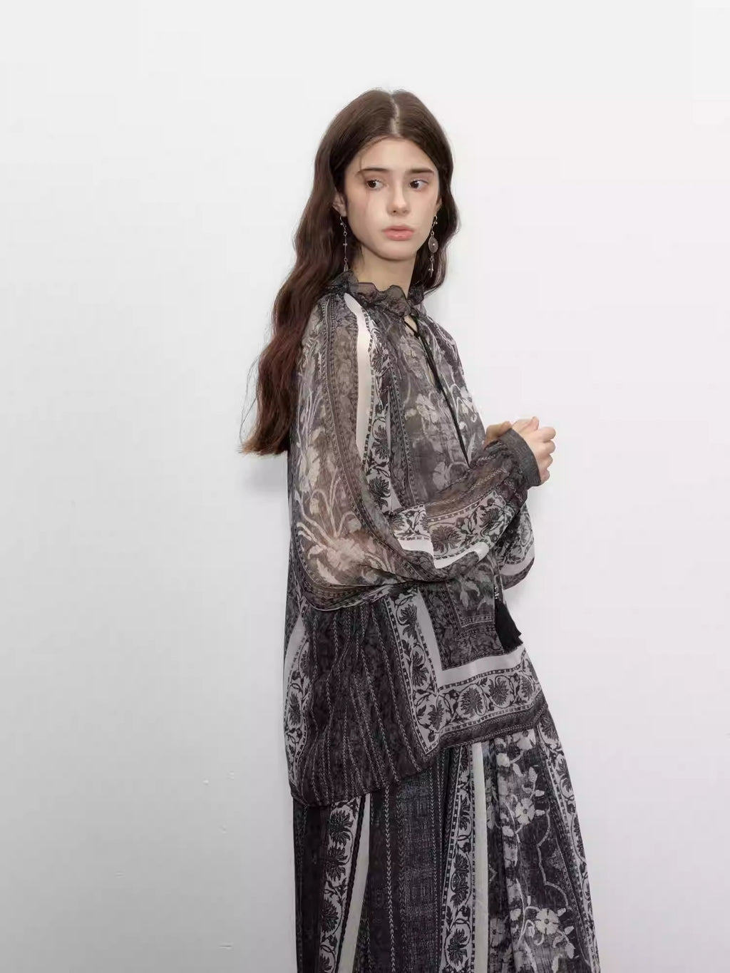 Black Plant Print Tassel Silk V-Neck Top