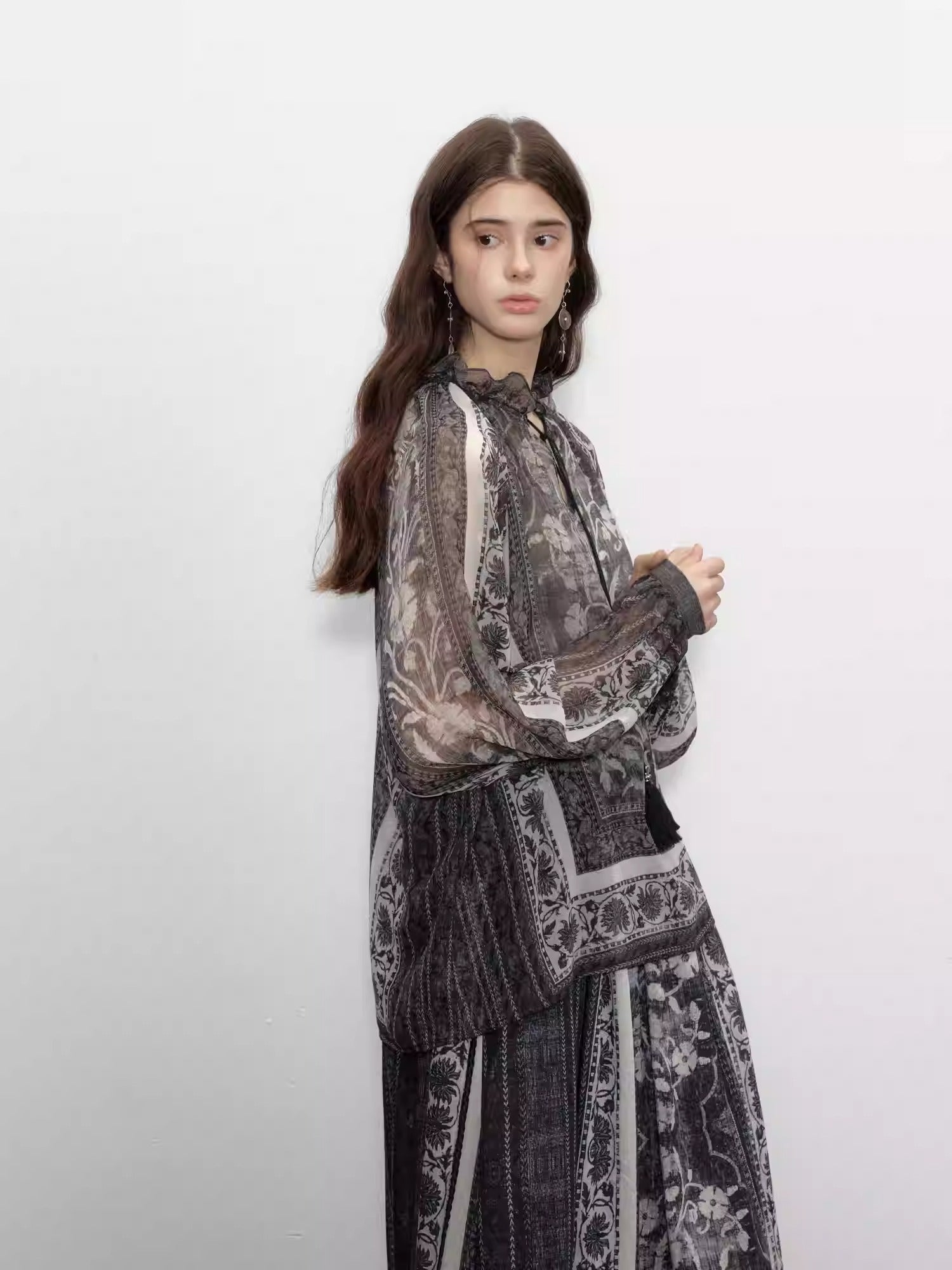 Black Plant Print Tassel Silk V-Neck Top