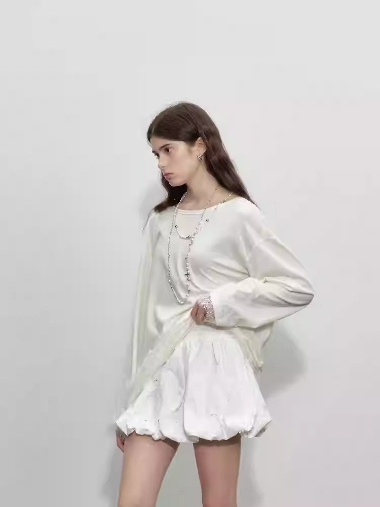 Lace-Paneled Halter-Back Long-Sleeved T-Shirt