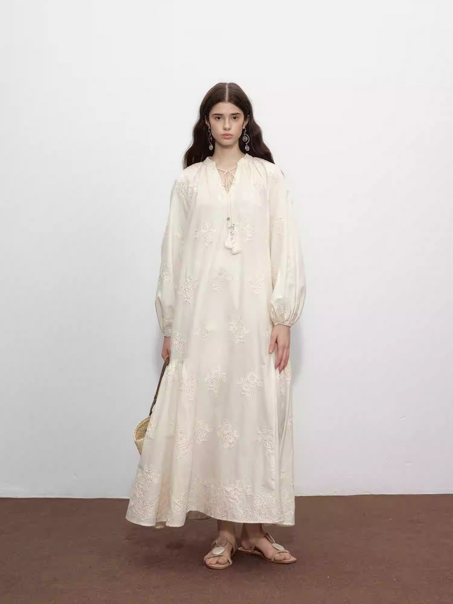 Beige Tassel Sequin Embroidered Cotton Dress