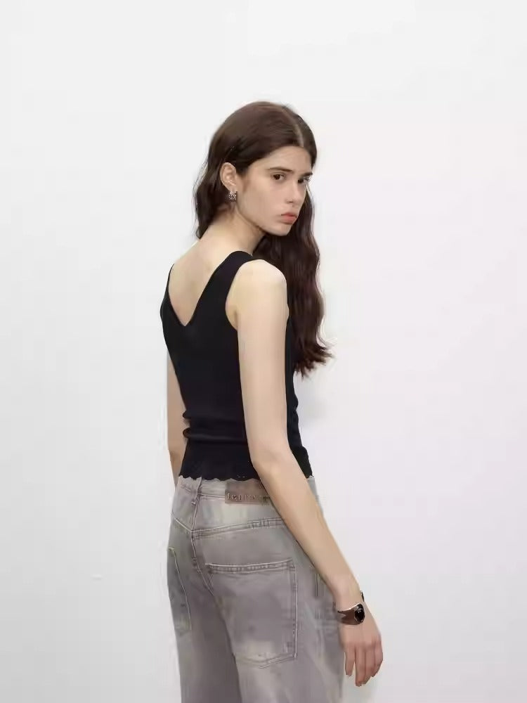 Black Bowknot Lace Cotton Vest
