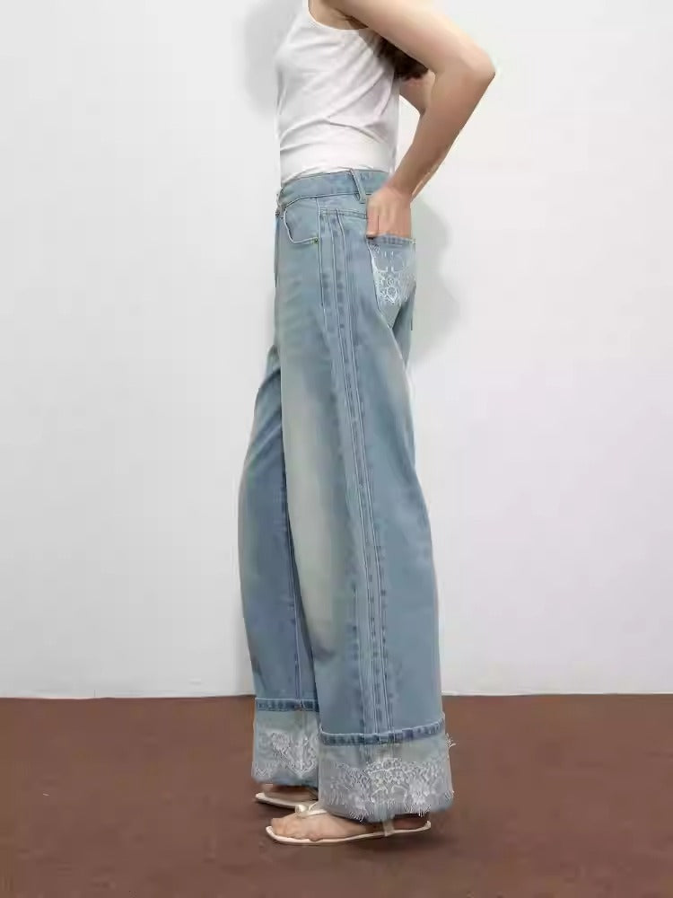 Lace Hem Retro High Waist Wide Leg Jeans