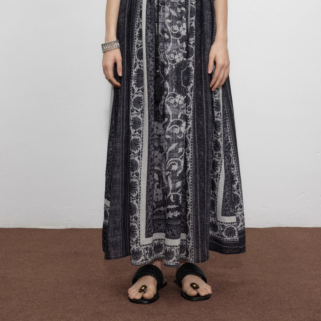 Black Plant Print Linen Skirt