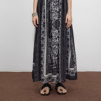 Black Plant Print Linen Skirt